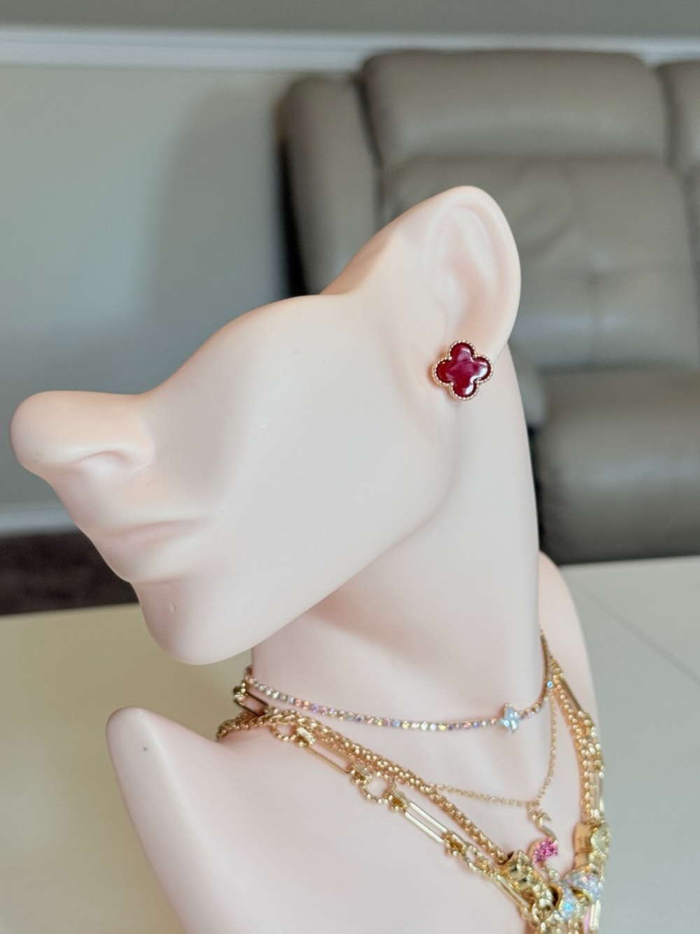 Gold Red Clover Stud Earrings - Picture 3 of 11